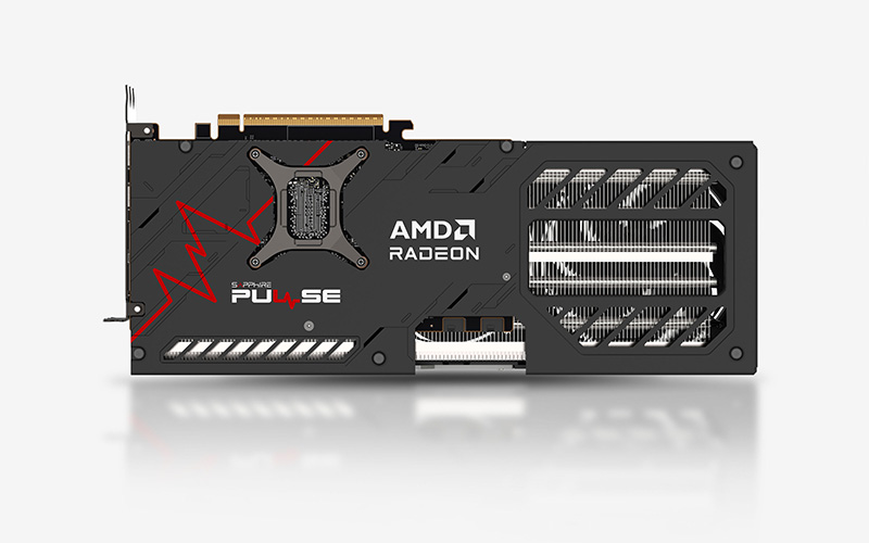 Rear metal backplate of the SAPPHIRE PULSE Radeon RX 9070 XT 16GB GDDR6 graphics card, etched with the PULSE logo and AMD Radeon branding