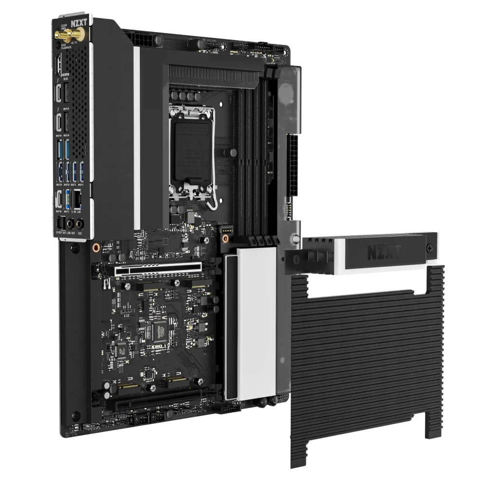 NZXT N9 Z890 motherboard in Black, exploded view showing the full-metal cover detached from the PCB
