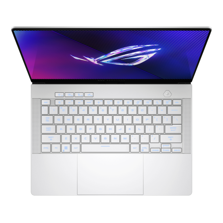 Top-down view of the Platinum White ASUS ROG Zephyrus G14 (2024) with the lid open, showing the backlit keyboard and trackpad