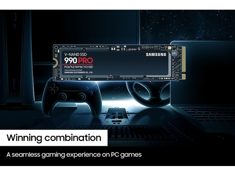 The Samsung 990 PRO 2TB SSD displayed above a PlayStation-style controller and a gaming PC setup, illustrating PC and PS5 compatibility.