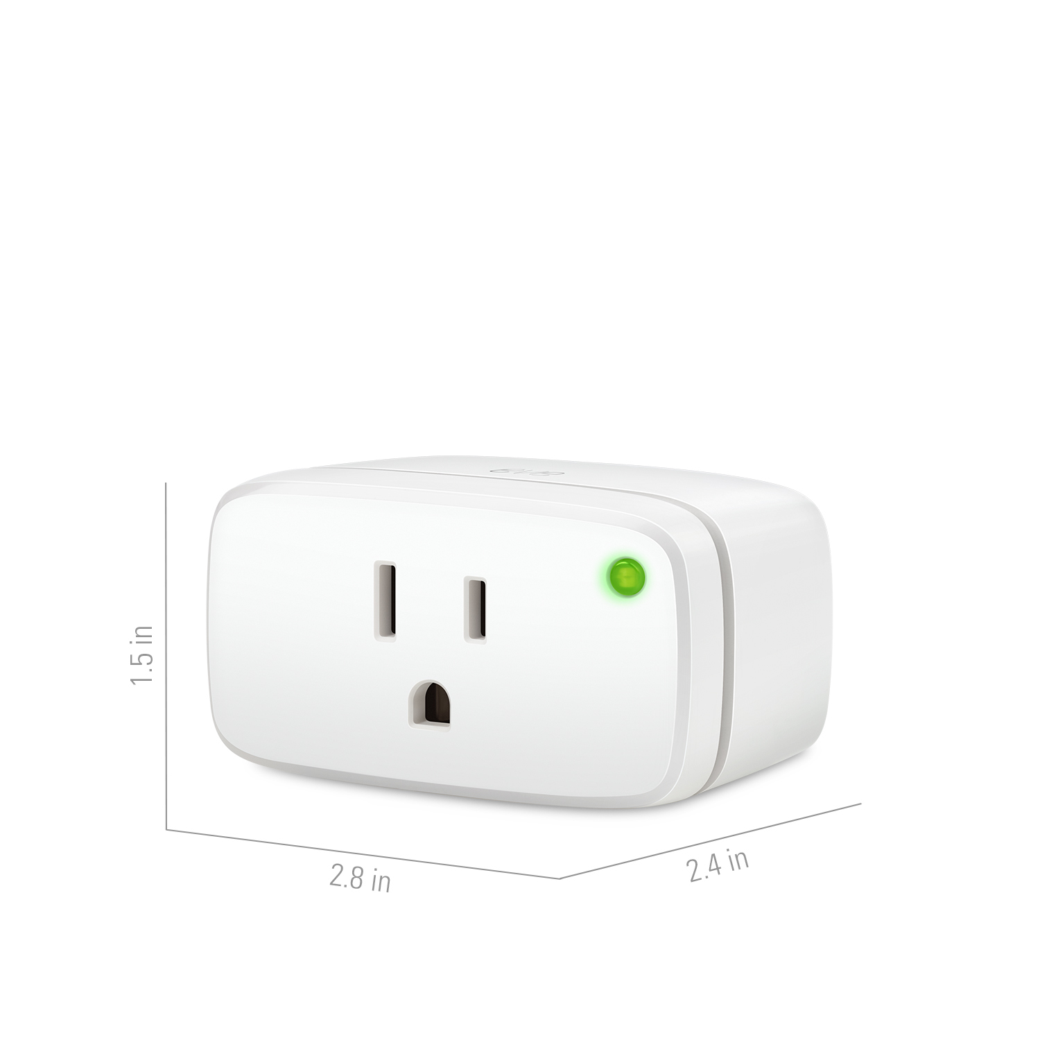 Dimensioned diagram of the US Eve Energy smart plug: 2.8 in wide, 2.4 in deep, 1.5 in tall
