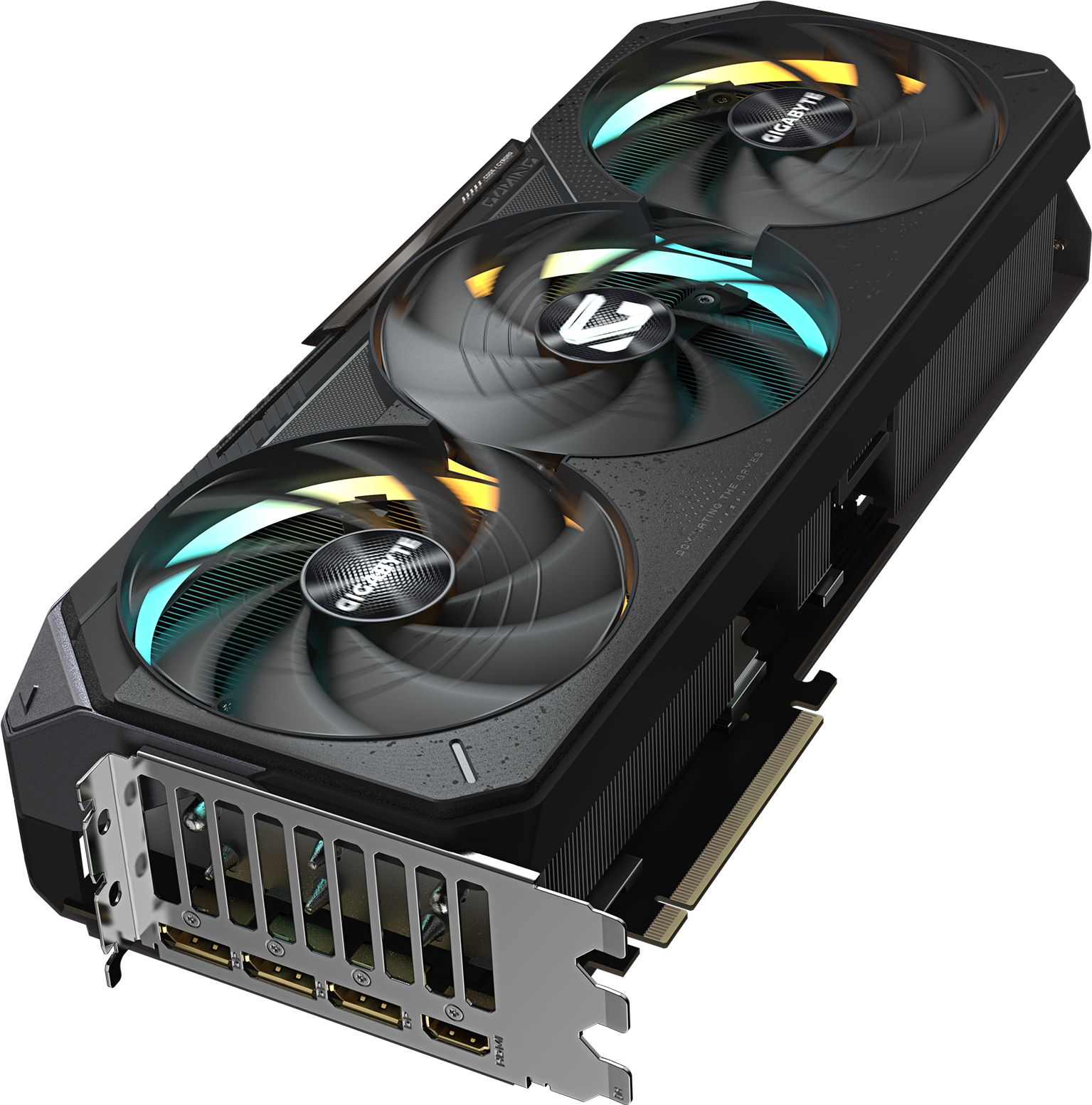 GIGABYTE GeForce RTX 5080 GAMING OC 16G graphics card angled view showing triple fans and I/O bracket