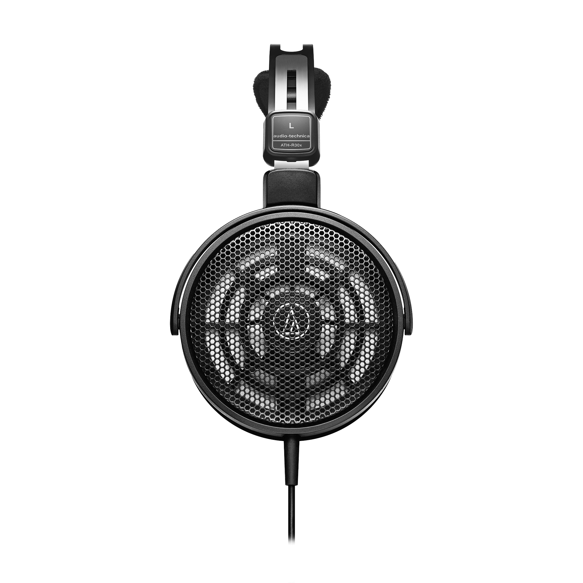 Audio-Technica ATH-R30x side view showing honeycomb open-back earcup and headband