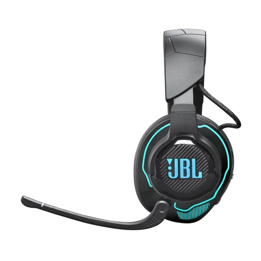 Left side view of the black JBL Quantum 910X Wireless gaming headset