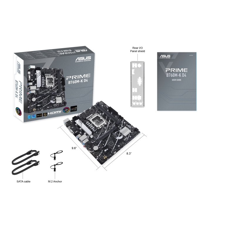 ASUS Prime B760M-K D4 retail box package and included accessories including SATA cables, I/O shield, and M.2 anchors