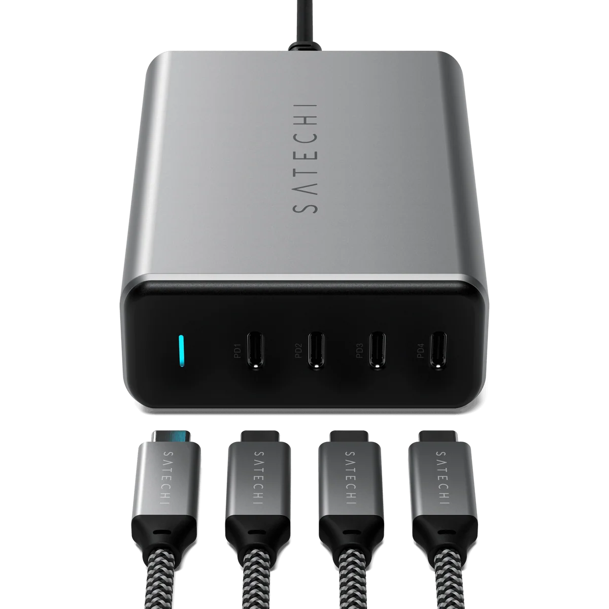 Satechi 165W USB-C 4-Port PD GaN Charger shown with its four attached braided USB-C charging cables
