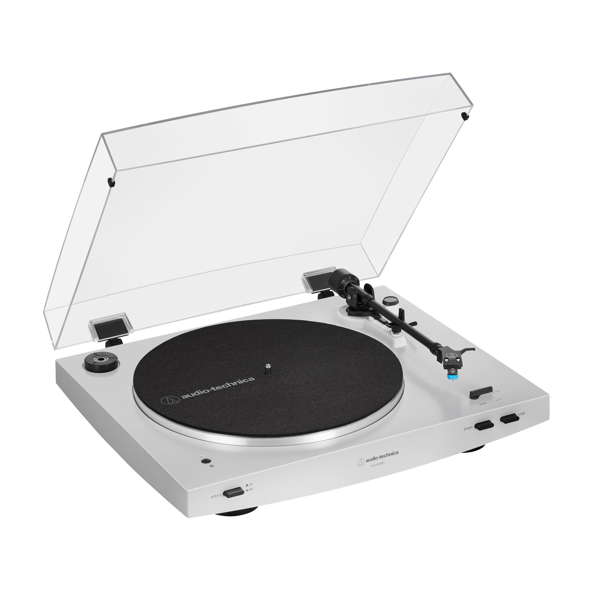 Audio-Technica AT-LP3XBT-WH close-up view of AT-VM95C cartridge and AT-HS3 headshell