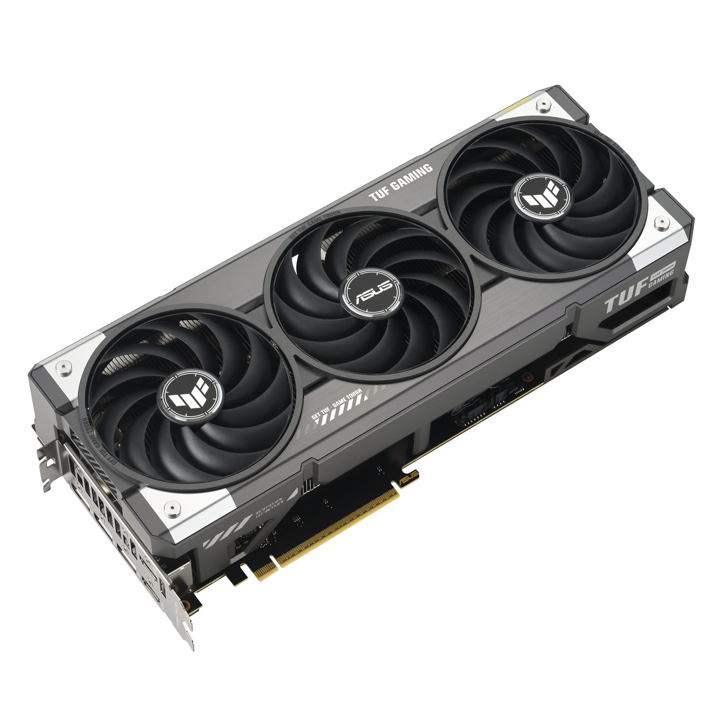 ASUS TUF Gaming GeForce RTX 5070 Ti 16GB GDDR7 OC Edition graphics card, angled 3/4 view showing PCIe connector and card profile
