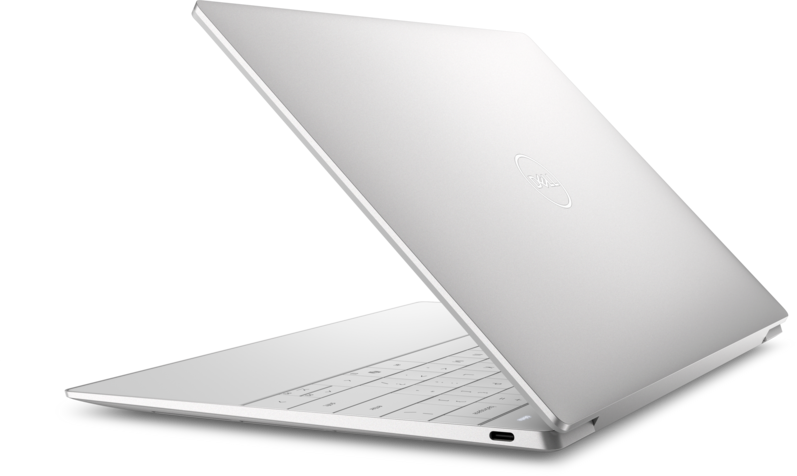 Dell XPS 13 9350 laptop in Platinum, rear three-quarter view showing hinge, lid logo and right-side port