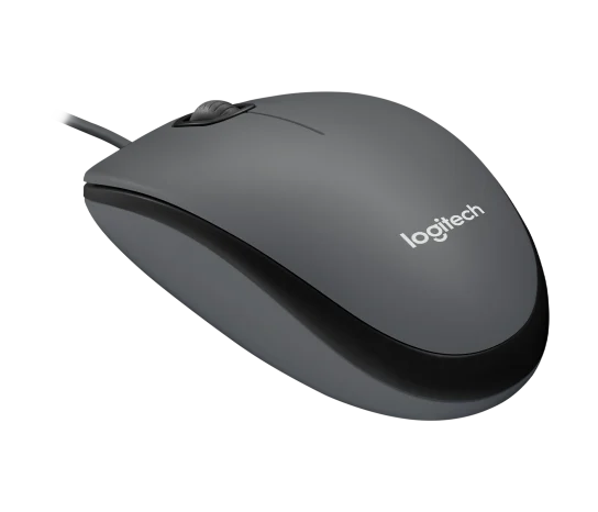 Angled side view of the Logitech M100 dark grey shell, black base and cable