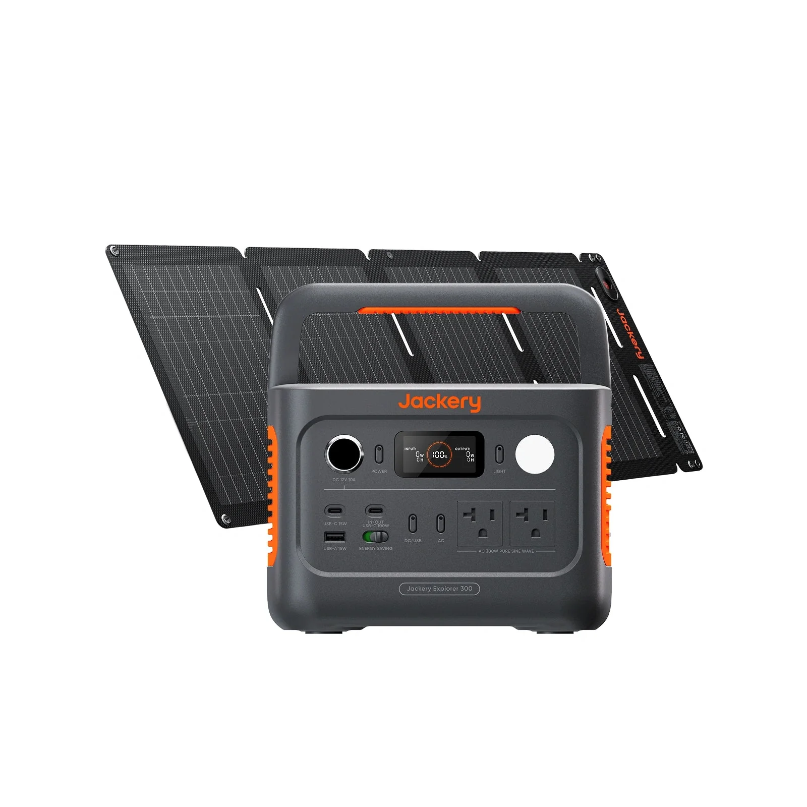 Jackery Explorer 300 v2 portable power station output ports and display close-up