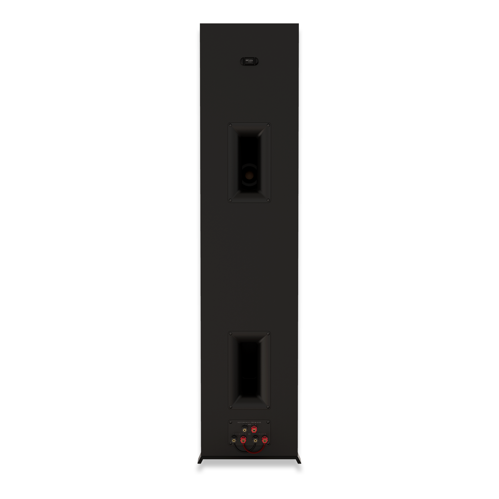 Klipsch RP-8000F II floorstanding speaker direct rear view showing dual Tractrix ports and dual binding posts