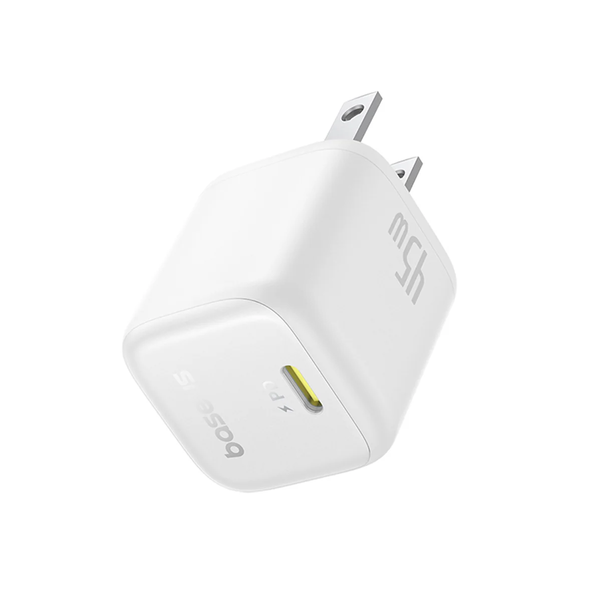 Baseus PicoGo GaN USB-C Charger 45W in white, side angle showing prongs and body