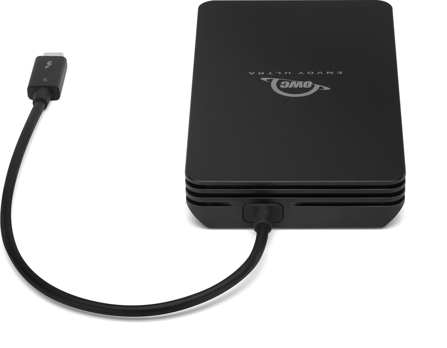 Angled view of the OWC Envoy Ultra 2TB Thunderbolt 5 Portable SSD with its integrated Thunderbolt 5 cable coiled beside it