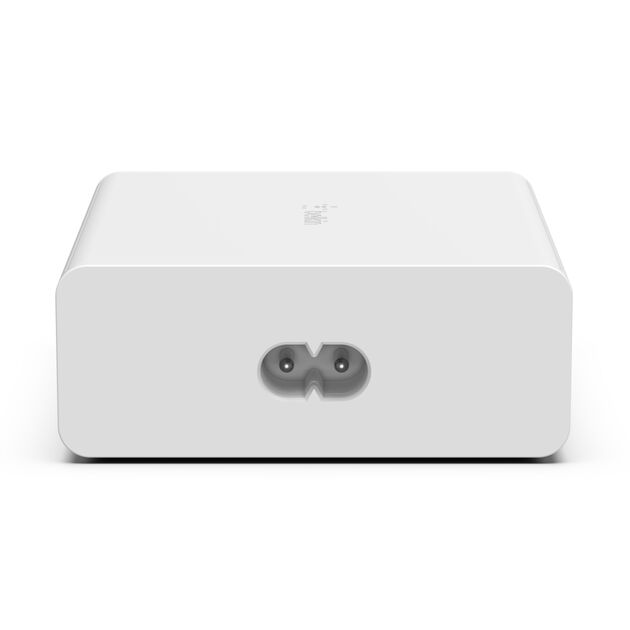 Belkin BoostCharge Pro 108W 4-Port GaN Wall Charger, white, rear view showing the figure-8 AC power cable inlet