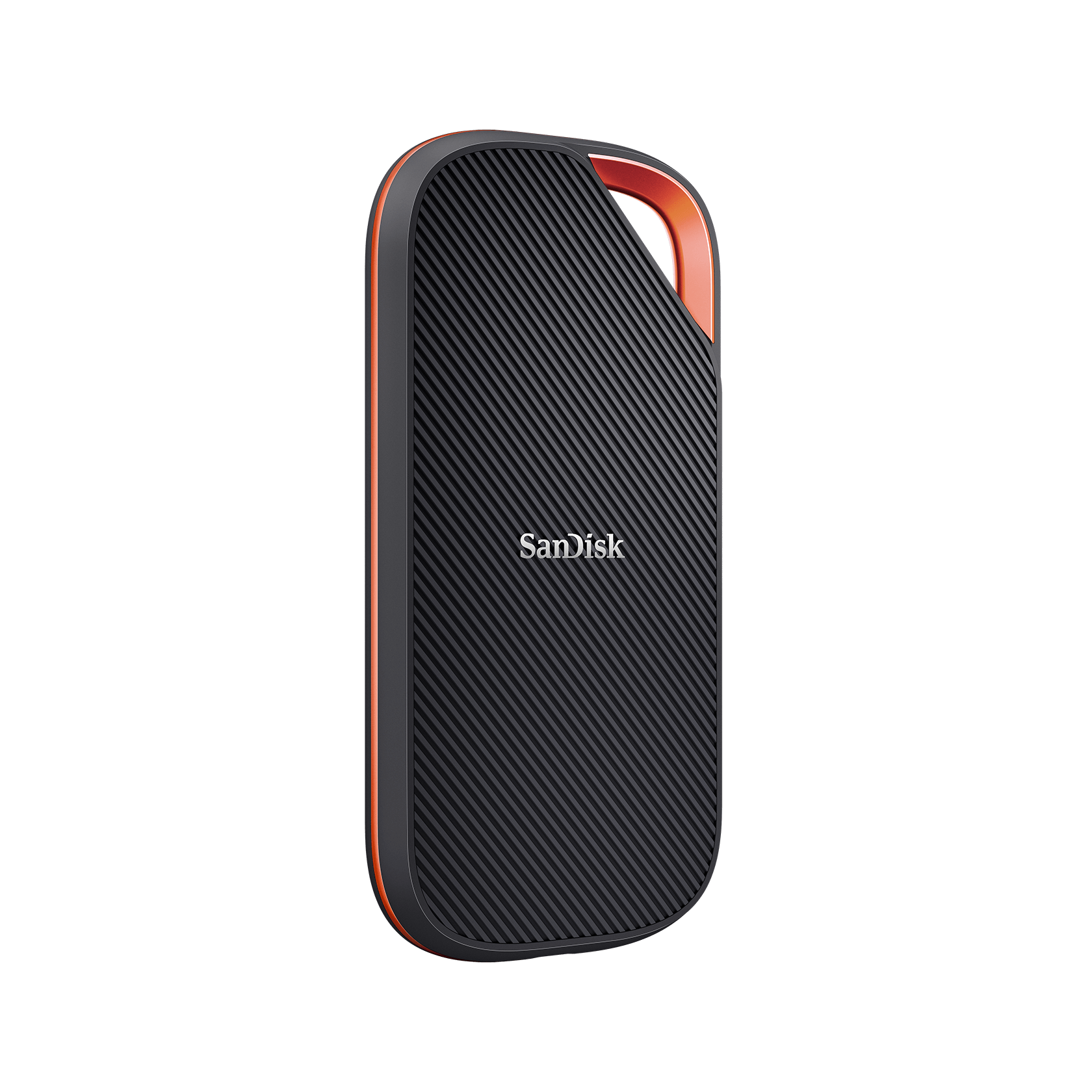 Right angled view of the SanDisk Extreme PRO USB4 Portable SSD 2TB showing the orange accent edge and rounded corner