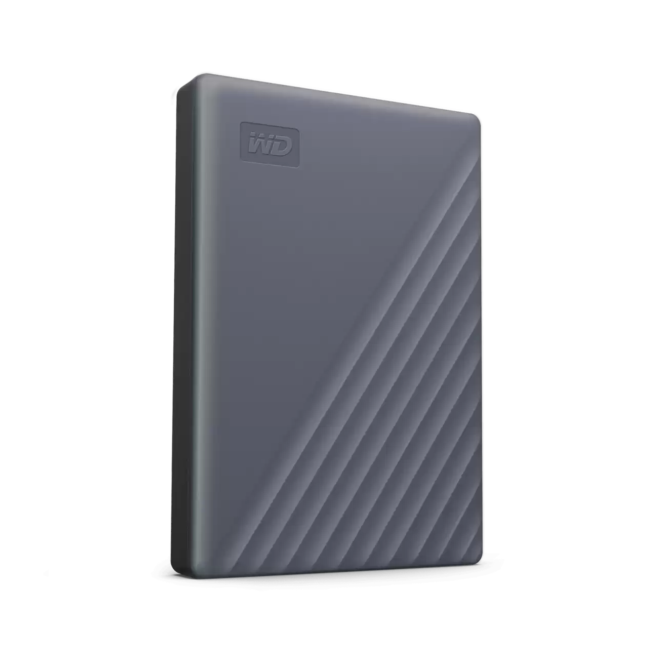 WD 2TB My Passport Portable Hard Drive angled right view showing ridged texture