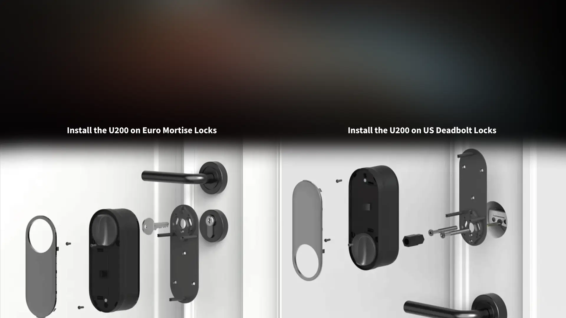 Diagram of the Aqara Smart Lock U200 in Black, exploded view showing installation on a Euro mortise lock and on a US deadbolt lock