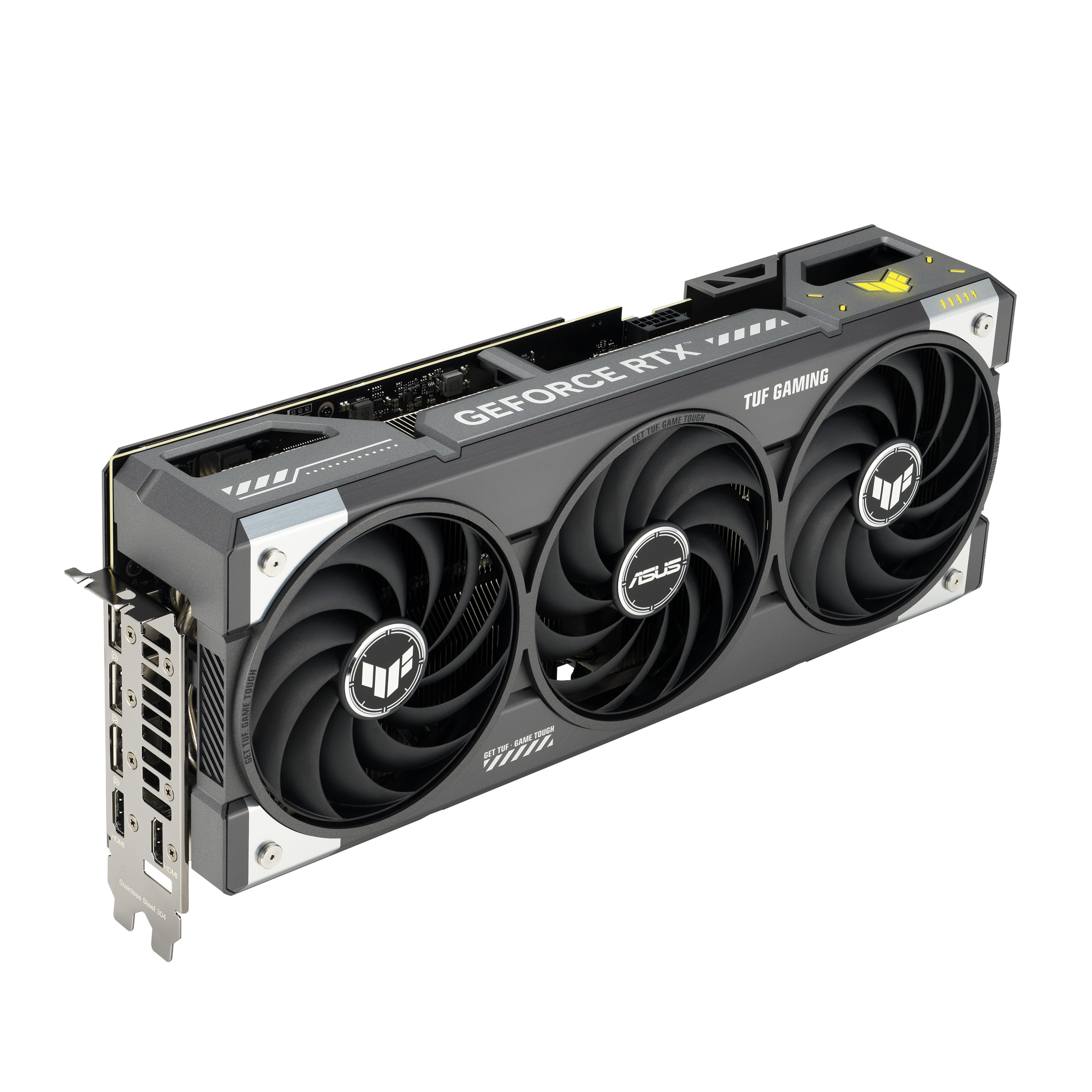 ASUS TUF Gaming GeForce RTX 5070 Ti 16GB GDDR7 OC Edition graphics card, angled view showing the stainless steel I/O bracket with HDMI and DisplayPort outputs