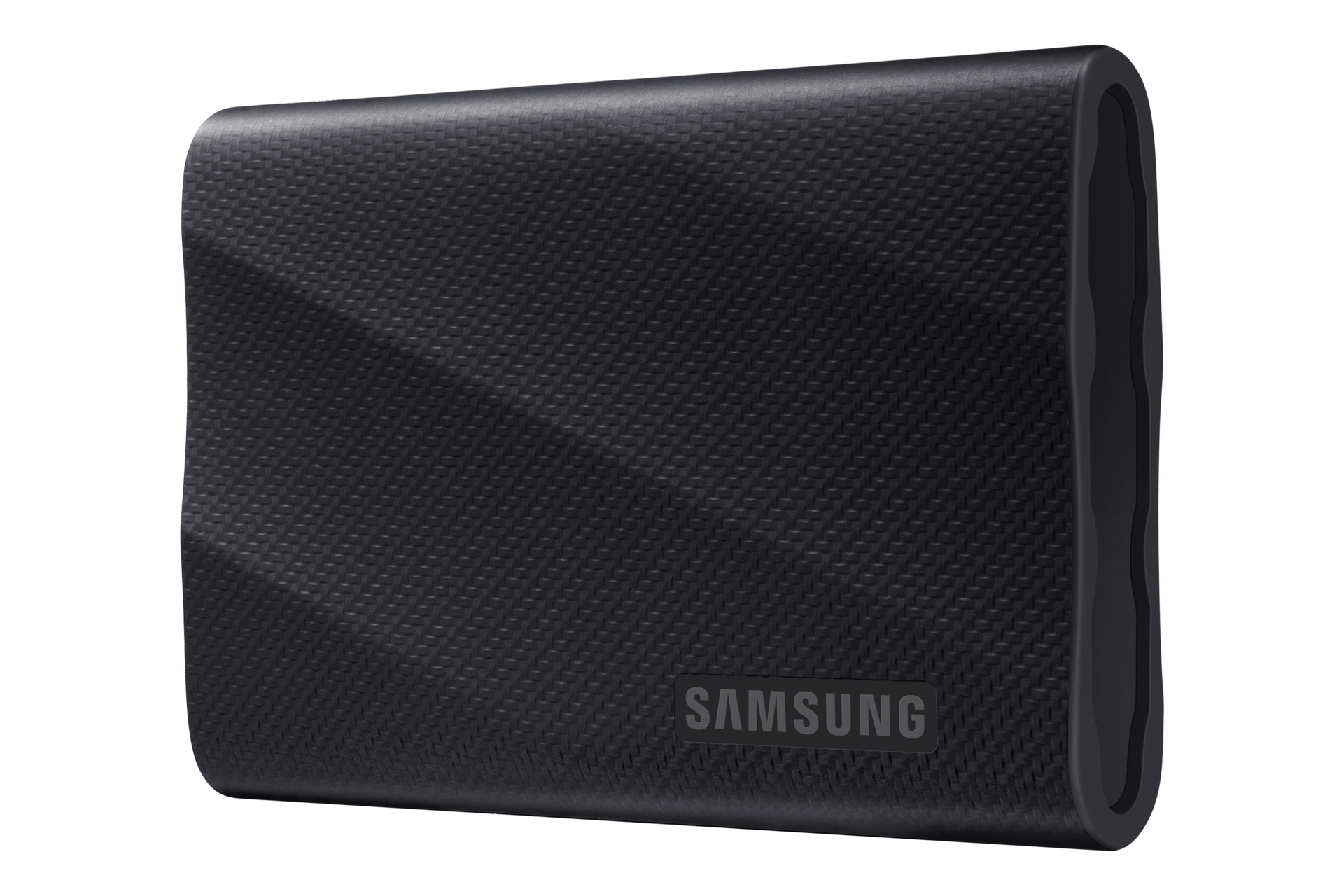 Side profile of the Samsung T9 Portable SSD 2TB showing its slim tapered edge and textured top surface