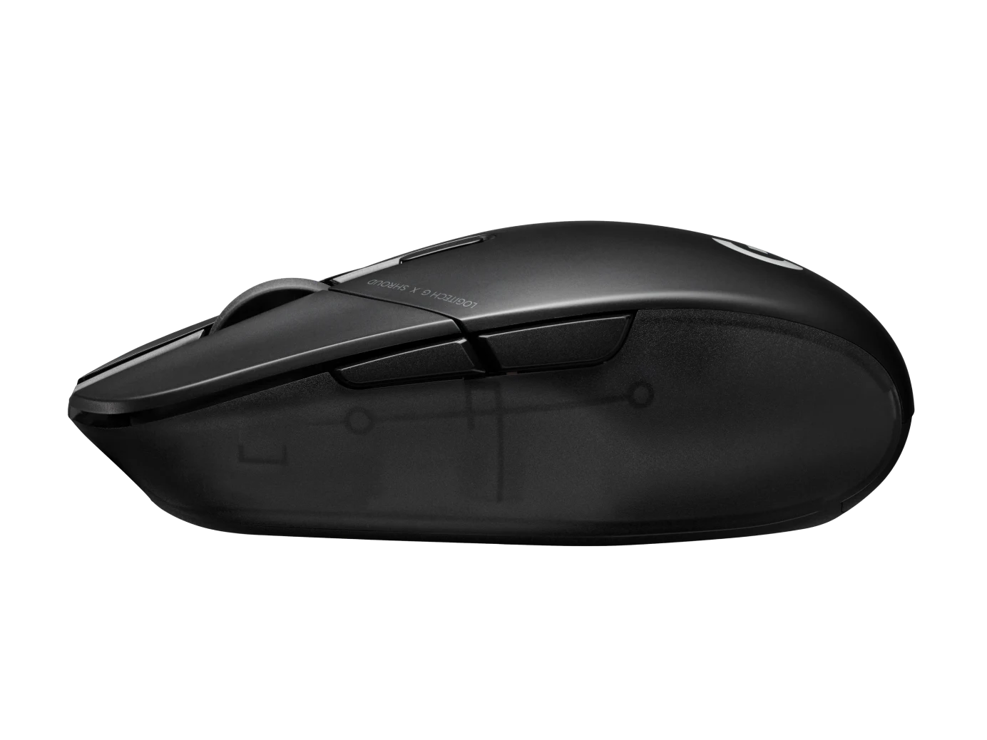 Left-side profile of the black Logitech G303 Shroud Edition mouse showing two thumb buttons
