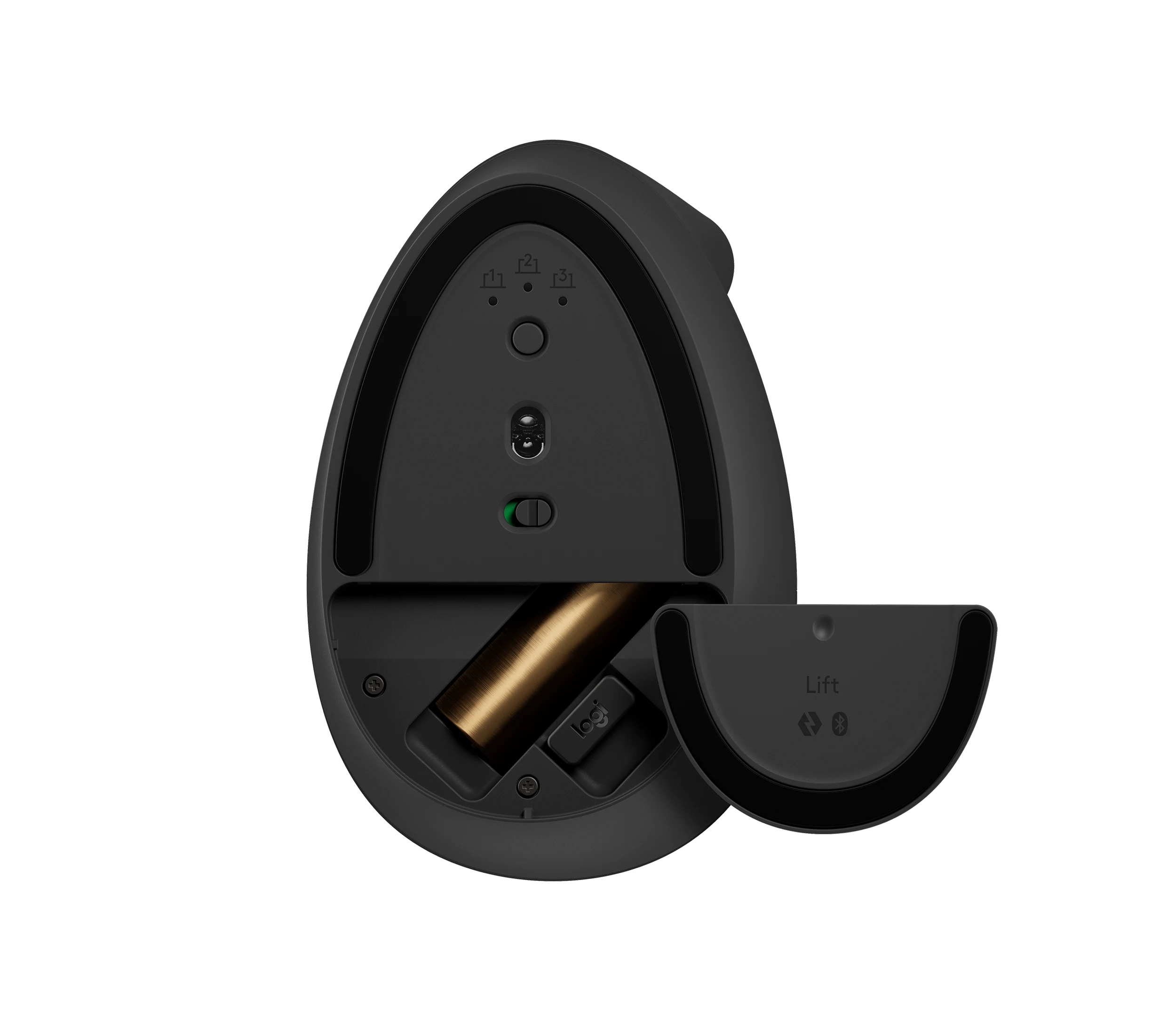 Underside of graphite Logitech Lift with its battery cover removed, showing the AA battery, stored Bolt receiver, power switch and three-channel selector.