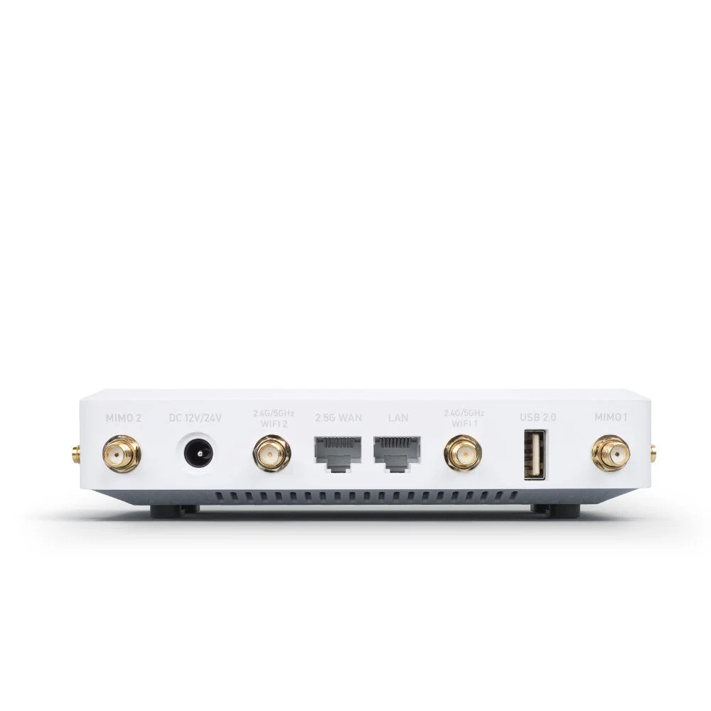 Rear connections of white Spitz AX, including power input, Ethernet, USB and antenna connectors