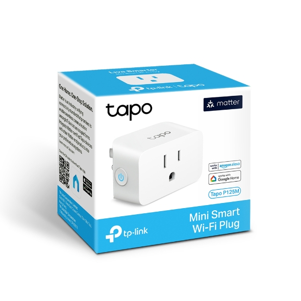 Retail packaging box for the TP-Link Tapo P125M Mini Smart Wi-Fi Plug, showing the model name, Matter badge, and Works with Amazon Alexa and Google Home logos