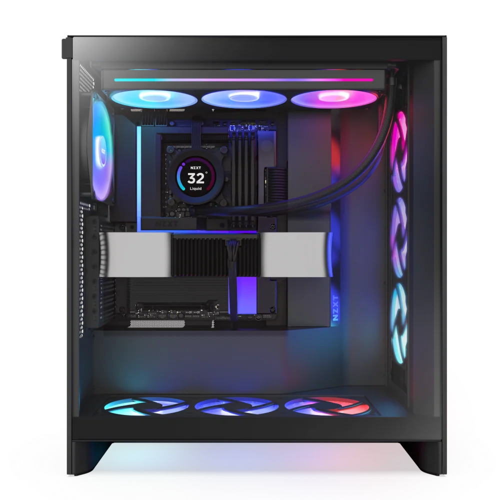 NZXT N9 Z890 motherboard in Black installed inside an NZXT PC case with RGB fans and liquid cooler