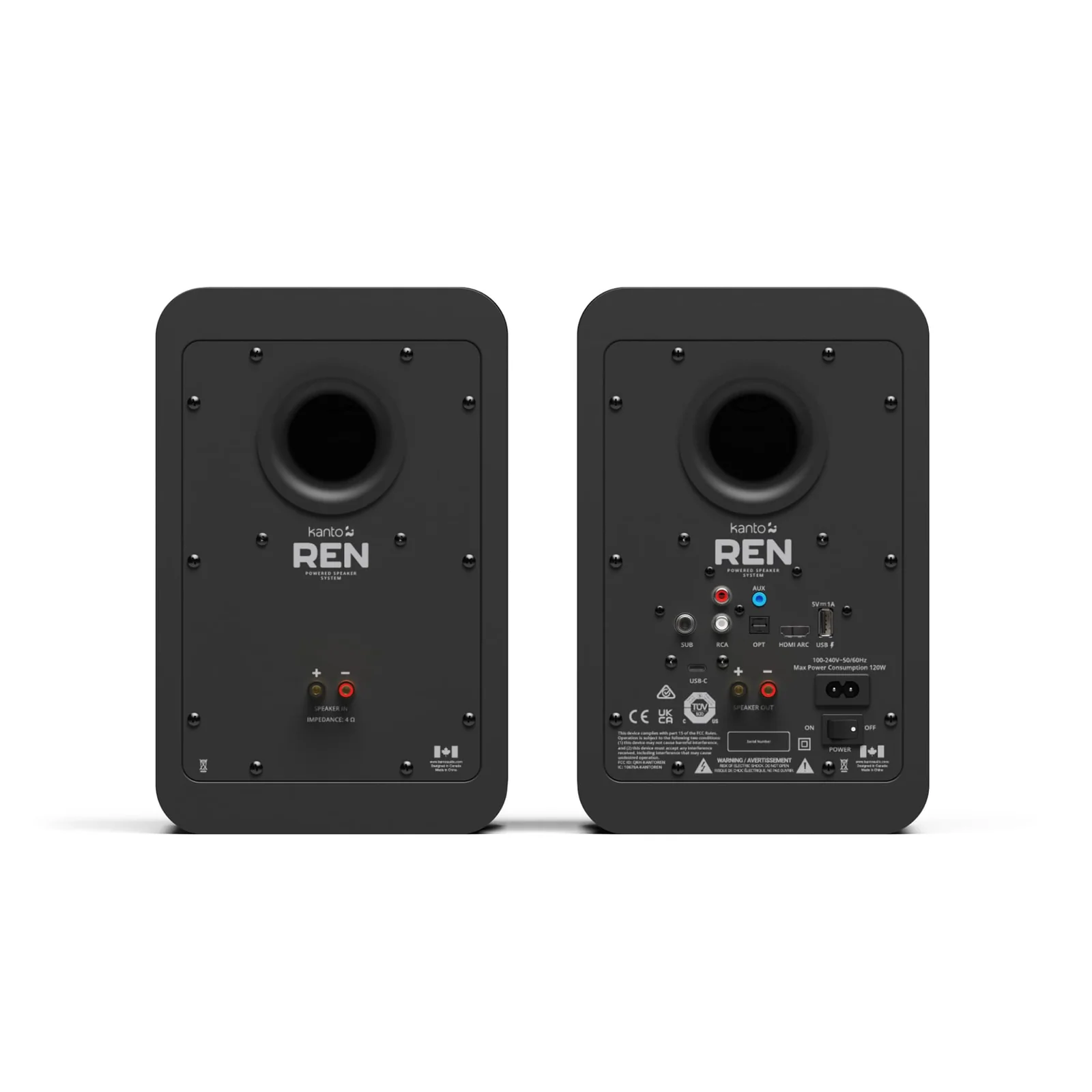 Rear view of the Kanto REN speaker pair in Matte Black showing HDMI ARC, USB-C, optical, RCA, AUX and speaker terminals