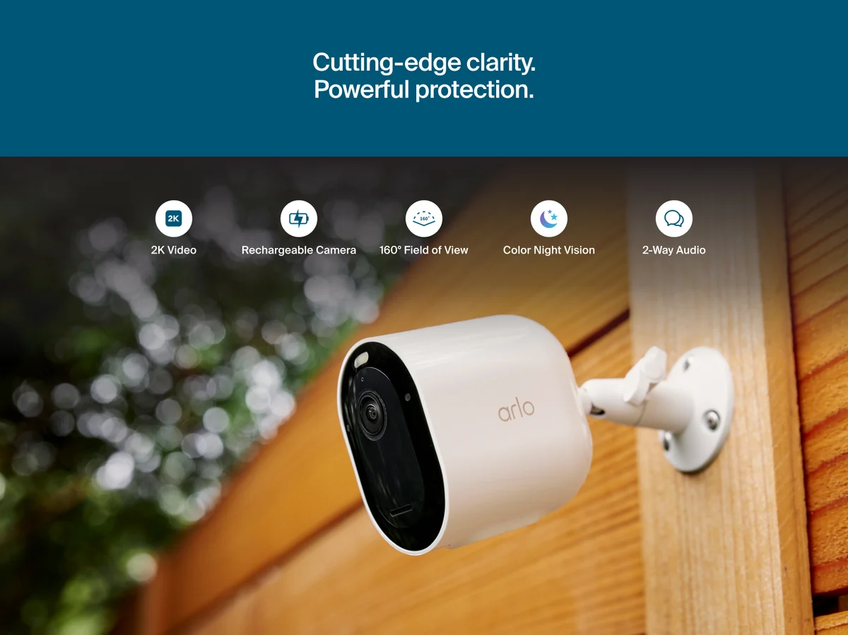 Arlo Pro 6 camera wall-mounted on an outdoor wood fence post, with 2K, rechargeable, 160-degree FOV, color night vision and 2-way audio feature icons