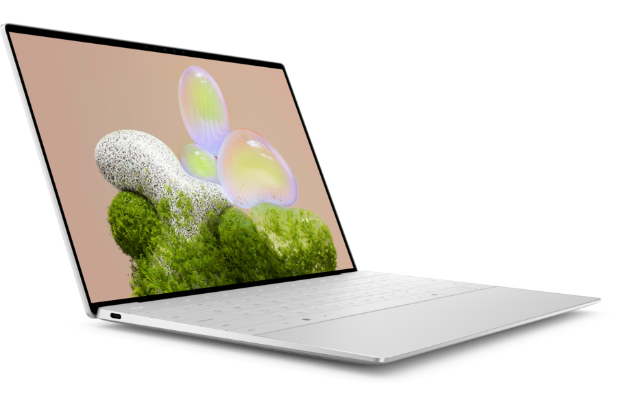 Dell XPS 13 9350 laptop in Platinum, three-quarter angled front view showing left-side USB-C port