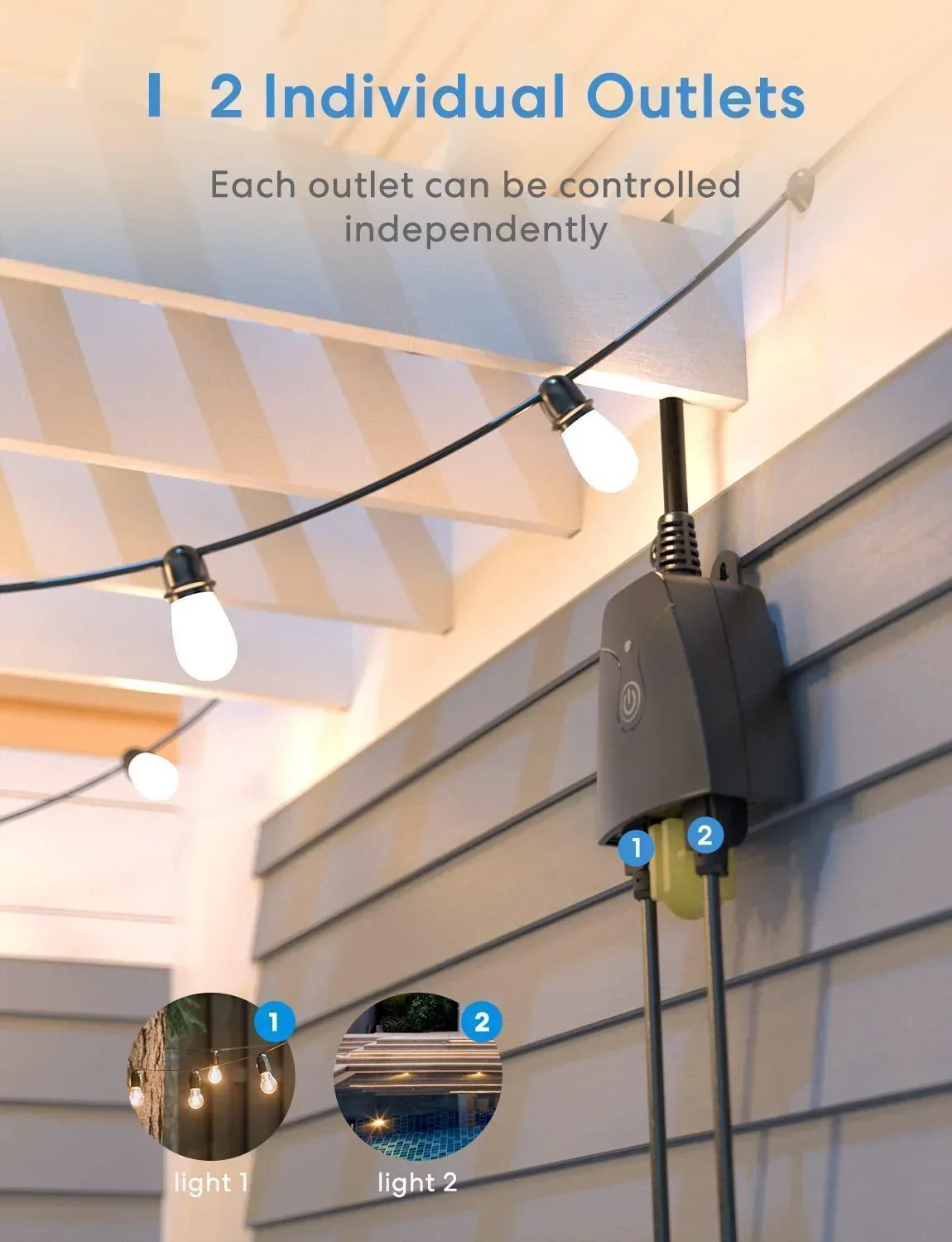 Close-up of the Meross MSS620BHK's two independently numbered outlets (1 and 2), each with a device plugged in, mounted outdoors under a patio beam