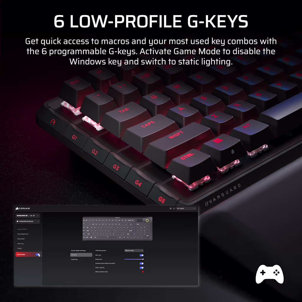 Six low-profile programmable G-keys along the left bezel for macros and shortcut bindings