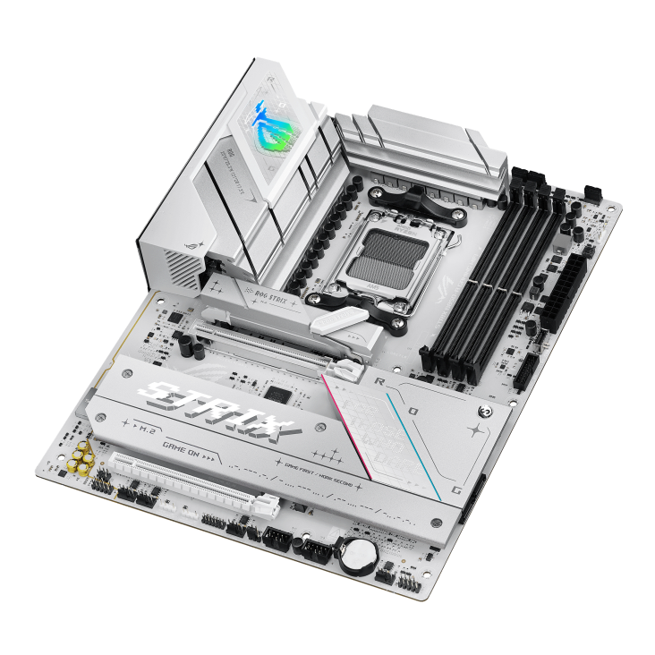 ASUS ROG STRIX B850-A GAMING WIFI motherboard tilted high-angle perspective view