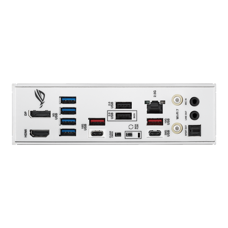 ASUS ROG STRIX B850-A GAMING WIFI rear I/O shield connectivity ports showing HDMI, DisplayPort, USB ports, 2.5G LAN, and Wi-Fi 7 antenna connectors