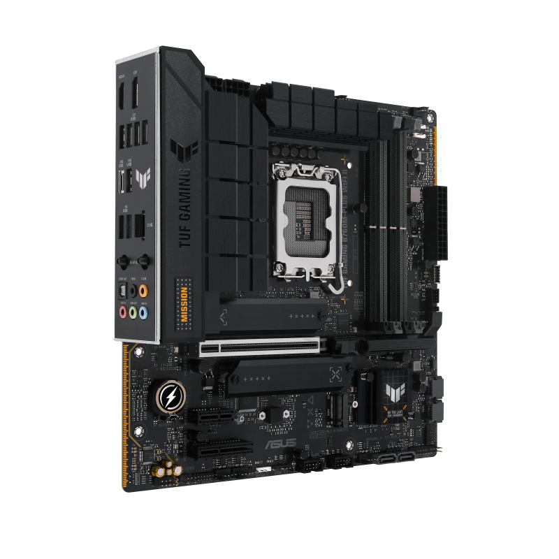 ASUS TUF Gaming B760M-PLUS WiFi II motherboard angled front perspective