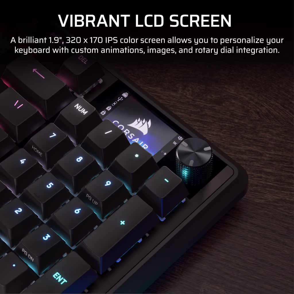 Closeup of Corsair Vanguard 96 1.9-inch 320x170 IPS color LCD screen and rotary control dial