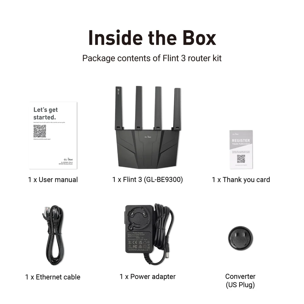 Flint 3 router kit box contents: user manual, GL-BE9300 router, thank-you card, Ethernet cable, power adapter and US plug converter