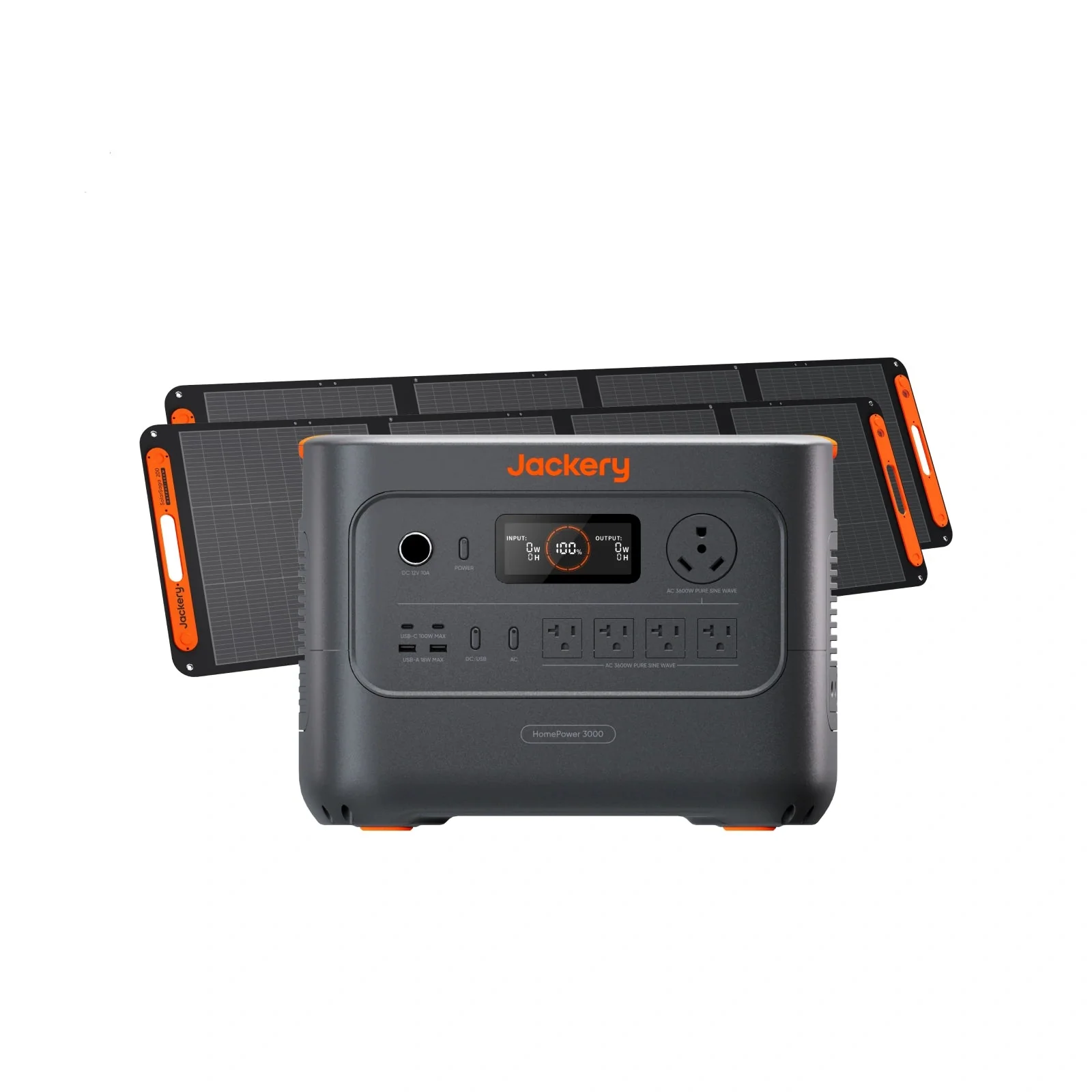 Jackery power station (Explorer 3000 v2 / HomePower 3000) shown with two SolarSaga 200 solar panels attached