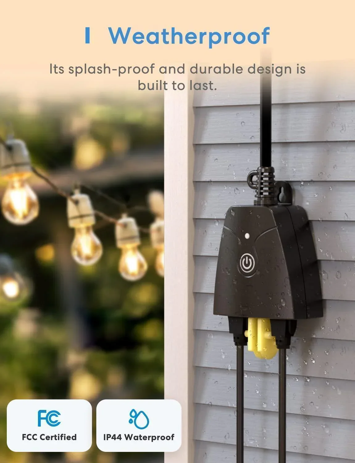 Meross MSS620BHK outdoor smart plug mounted on an exterior wall in the rain, showing the power button, status LED and weatherproof housing wet with rain drops
