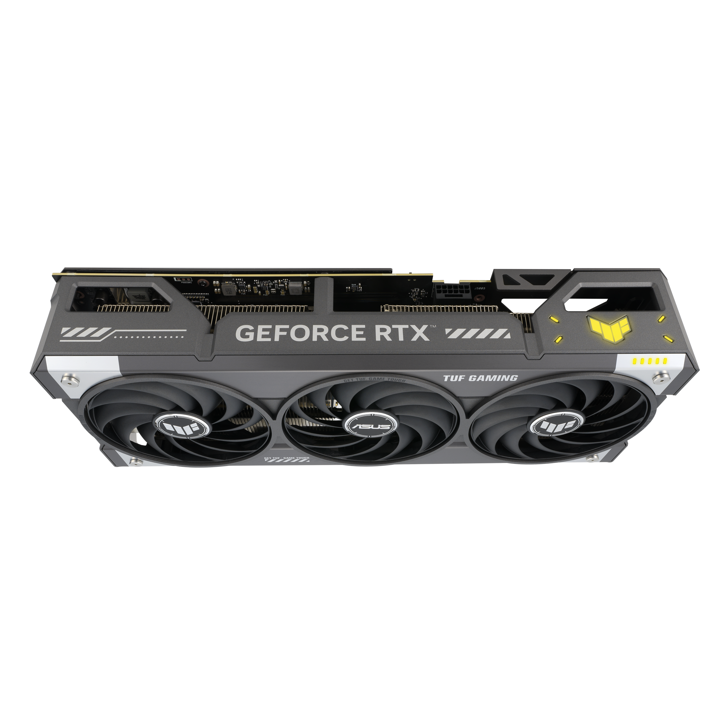 ASUS TUF Gaming GeForce RTX 5070 Ti 16GB GDDR7 OC Edition graphics card, top edge view showing GEFORCE RTX branding and 16-pin power connector