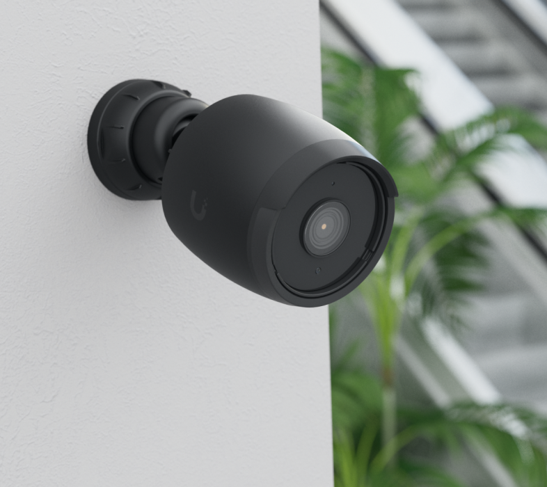 UniFi Protect G6 Bullet camera in black mounted on an exterior wall bracket