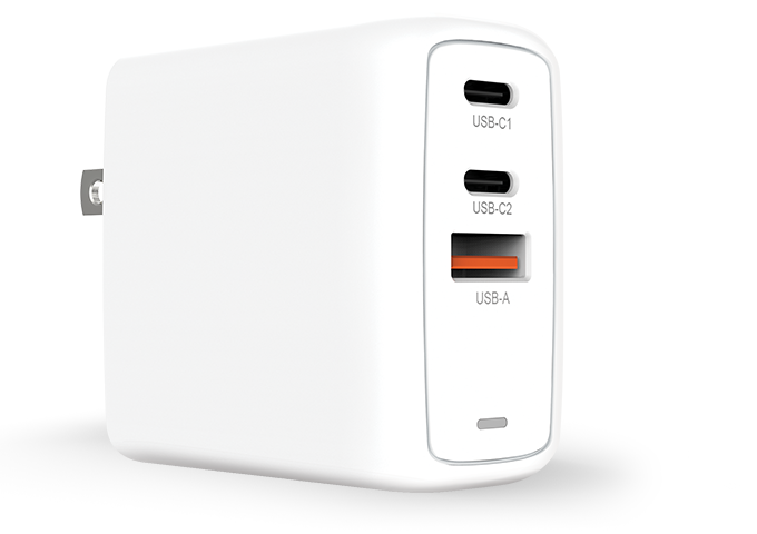 Included USB Power Delivery adapter with two USB-C ports and one USB-A port, used to boost Pebble X Plus output to 30W RMS
